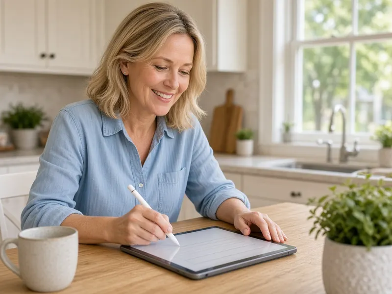 Homeowner filling out a form on a tablet at the kitchen table